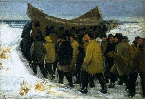 Dänische Fischer bringen ihr Boot im Winter zu Wasser von Michael Peter Ancher