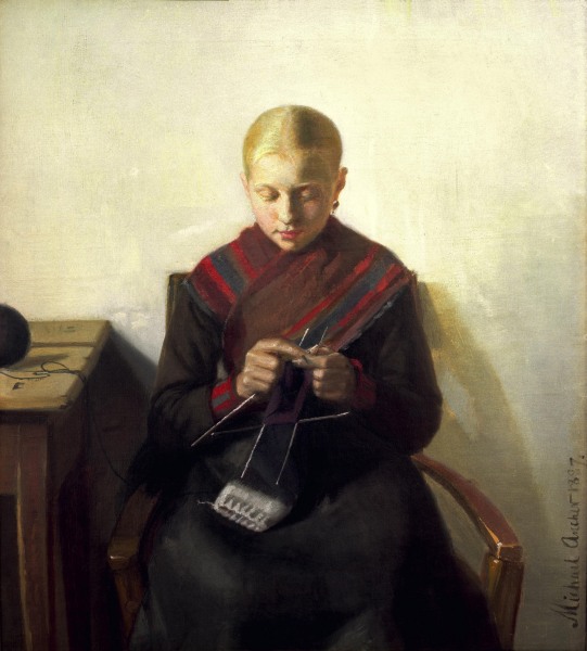 Junges Mädchen beim Stricken von Michael Peter Ancher
