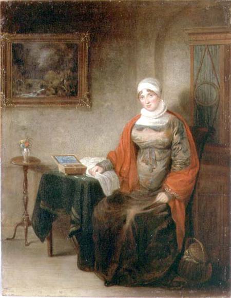 Portrait of Mrs John Crome Seated at a Table by an Open Workbox von Michael William Sharp
