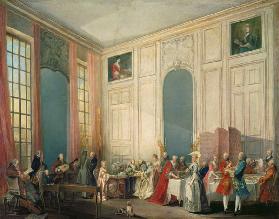 Teegesellschaft beim Prinzen Conti im Vierspiegelsaal des Temple in Paris mit dem jungen Mozart am F