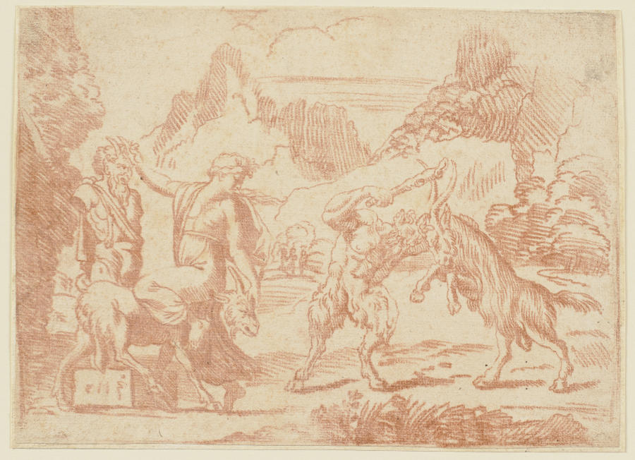 Bacchantin, an einer Panherme rückwärts auf einer Ziege sitzend, und ein Satyr, der mit einem Bock k von Michel Corneille d. J.