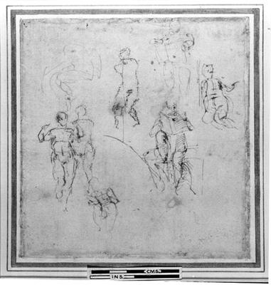 Figure studies for the Lunettes of the Sistene Chapel Ceiling, c.1511 (pen & black chalk on paper) von Michelangelo (Buonarroti)
