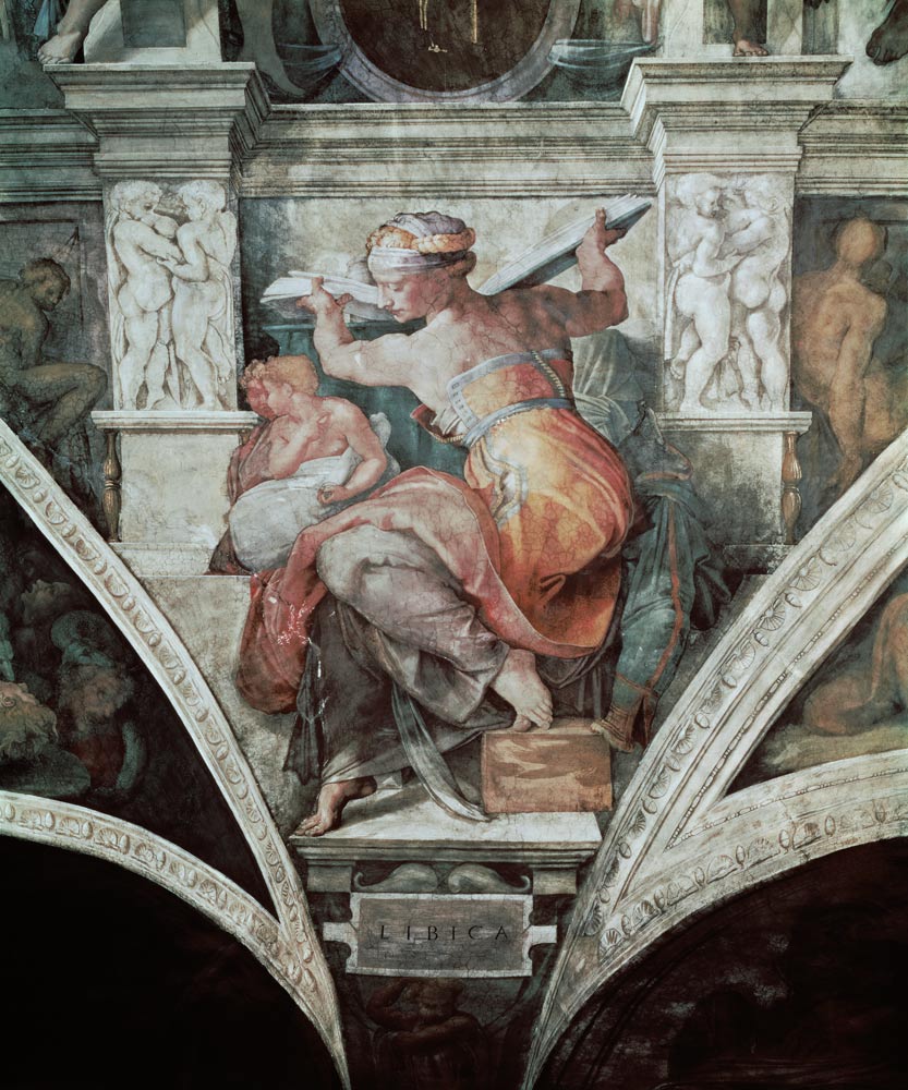 Libysche Sibylle, Ausschnitt Sixtinische Kapelle (Aufnahme vor der Restaurierung) von Michelangelo (Buonarroti)