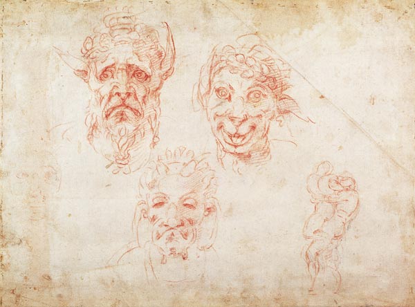 W.33 Sketches of satyrs' faces von Michelangelo (Buonarroti)