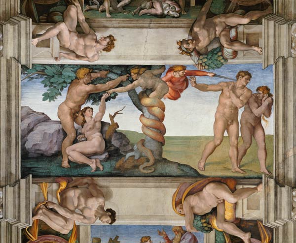 Sündenfall und Vertreibung aus dem Paradies. Deckengemälde in der Sixtinischen Kapelle in Rom von Michelangelo (Buonarroti)