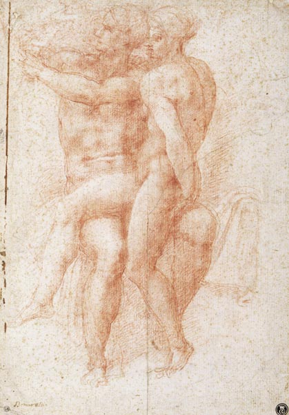 Nude female seated on the knees of a seated male nude: Adam and Eve von Michelangelo (Buonarroti)