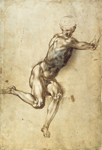 Figure Study for Battle of Cascina, 1504 (pen, brush, brown and grey von Michelangelo (Buonarroti)