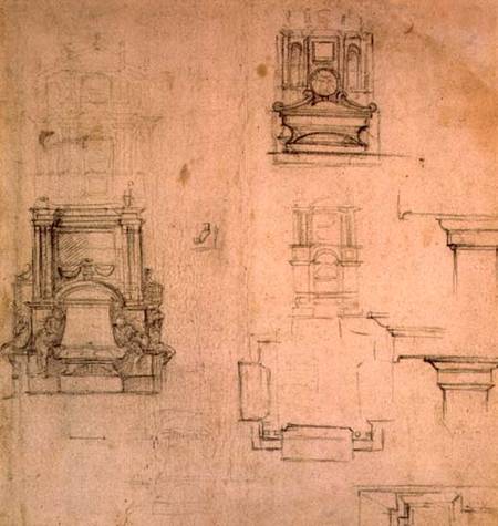 Inv. 1859 6-25-545. R. (W. 25) Designs for tombs (red chalk) von Michelangelo (Buonarroti)