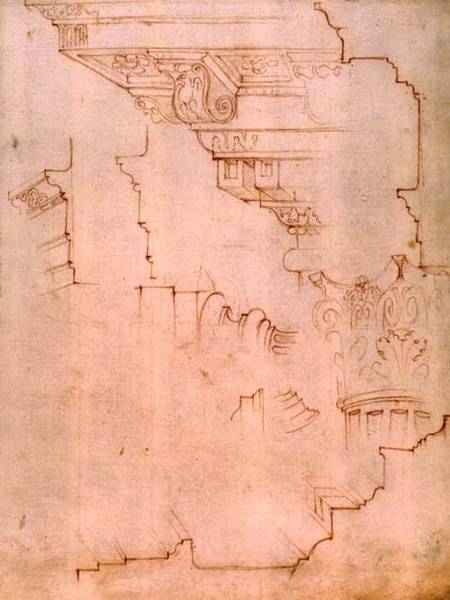Inv. 1859 6-25-560/2. R. (W.19) Drawing of architectural details (red chalk) von Michelangelo (Buonarroti)