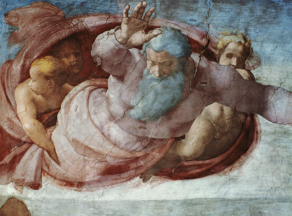 Sistine Chapel: God Dividing the Waters and Earth (pre restoration) (detail) von Michelangelo (Buonarroti)