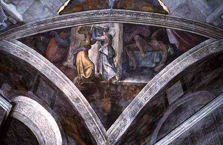 Sistine Chapel Ceiling: Judith Carrying the Head of Holofernes (spandrel) (pre restoration) von Michelangelo (Buonarroti)