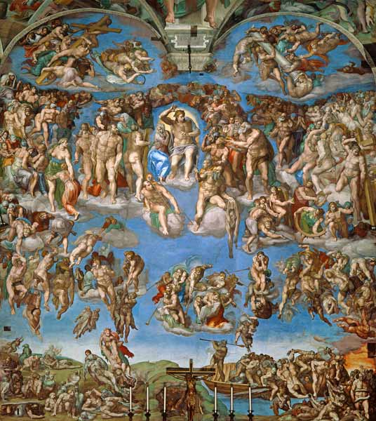 Sixtinische Kapelle, Deckenbild, Ausschnitt - Das Jüngste Gericht (Foto nach der Restaurierung) von Michelangelo (Buonarroti)