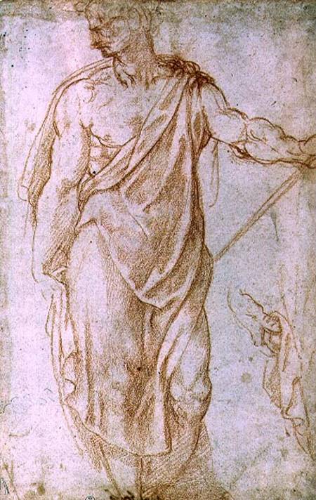 Sketch of a man holding a staff and a study of a hand von Michelangelo (Buonarroti)