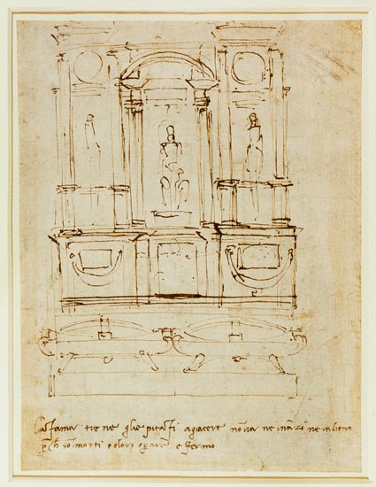 Inv.1859-6-25-543.recto (w.28) Study for the Tomb of Pope Julius II (brown ink) von Michelangelo (Buonarroti)