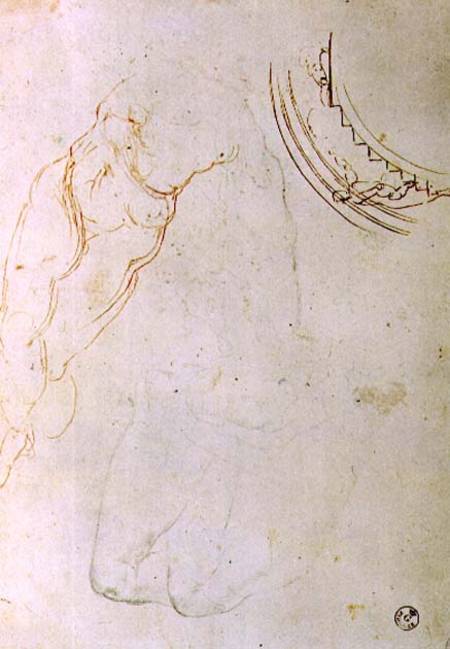 Study of a prone figure with crossed legs and a design for a lunette showing a figure mounting a sta von Michelangelo (Buonarroti)