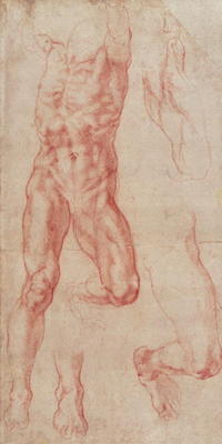 W.13r Study of a male nude, stretching upwards (chalk on paper) von Michelangelo (Buonarroti)