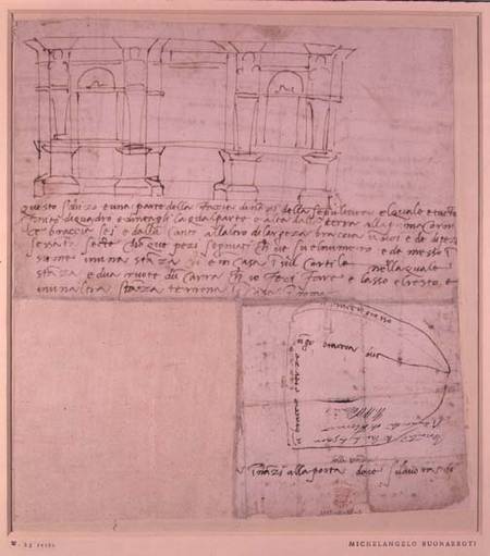 W.23r Architectural sketch with notes (pen & ink) von Michelangelo (Buonarroti)