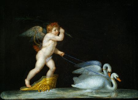 Cupid being led by a pair of swans