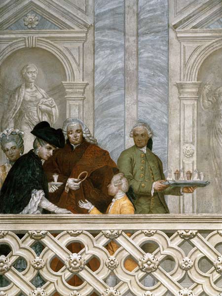 Group of five people including a waiter with a plate von Michelangelo Morlaiter