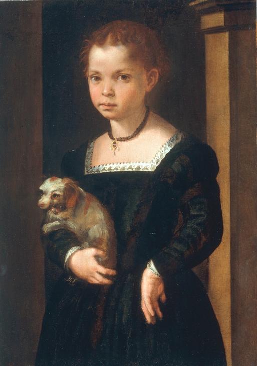 Bildnis eines kleinen Mädchens mit Hund von Michele di Ridolfo del Ghirlandaio