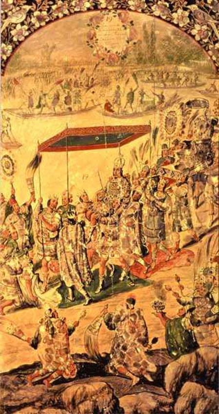 One of a pair of panels depicting the encounter between Hernando Cortes (1485-1547) and Montezuma (1 von Miguel and Juan Gonzalez