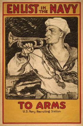 Sailor Playing Bugle, Eintragen in die Marine, Rekrutierungsplakat für den Ersten Weltkrieg, USA