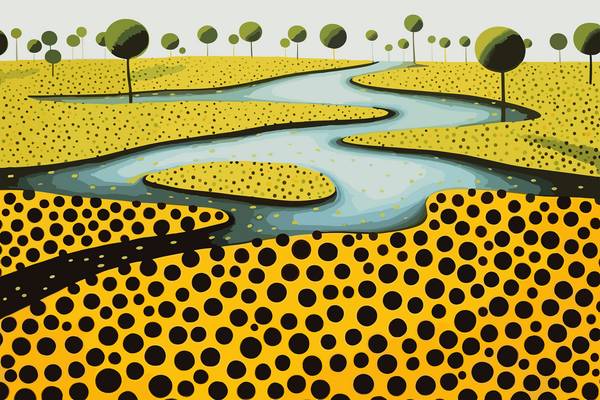 Abstrakte Landschaft mit Fluss, Bäumen und wiesen. Abstrakte Kreise auf gelber Wiese. Traumhafte, ve von Miro May