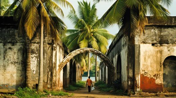 Der Weg zum Fluss. Palmen und alte Gemäuer in Indien von Miro May
