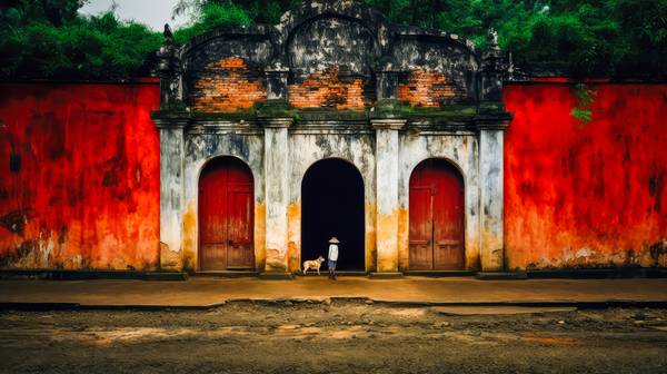 Ein Junge mit einem Hund vor einem Tempel in Vietnam. Farben und Architektur Asiens von Miro May
