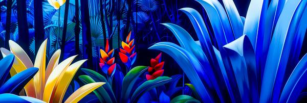 Ein leuchtend blauer Dschungel mit exotischen Pflanzen und tropischen Blumen von Miro May
