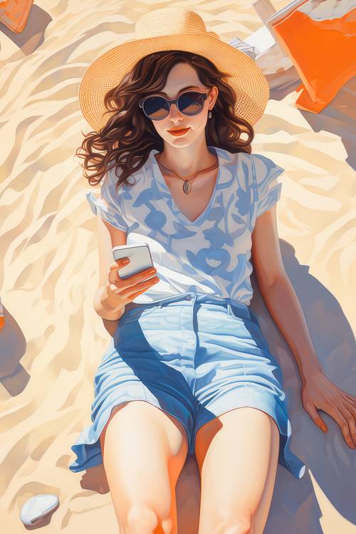 Eine Frau liegt am Sonnigen Tag am Strand im Sand und liest Nachrichten auf dem Handy. von Miro May