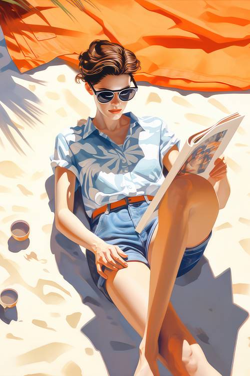 Eine Frau mit Sonnenbrillen liegt am Sonnigen Tag am Strand im Sand und liest ein Buch.  von Miro May