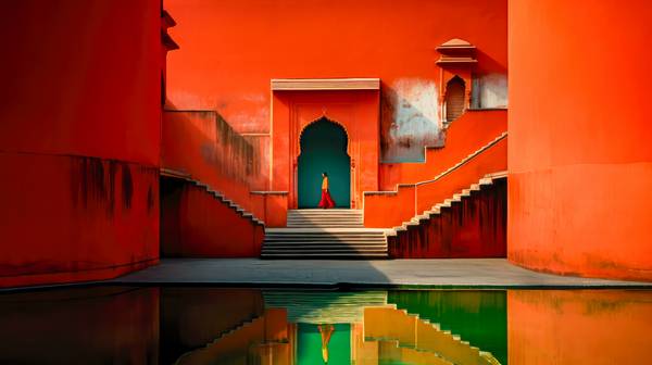 Frau in einem Wassertempel in Indien. Rote Wände und Treppe. Architektur in Indien von Miro May