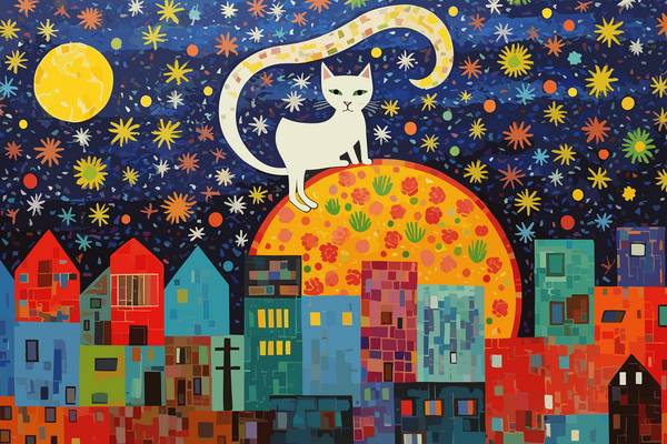 Katze auf dem Mond über den Dächern der Stadt. Dach. Katze in der Nacht. Katze in der Stadt. Sternen von Miro May