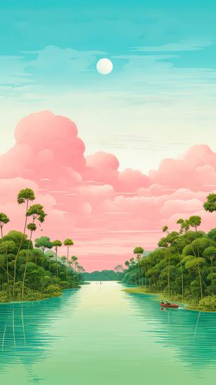 Amazonas Fluss, pinke Wolken, Regenwald. Natur Aquarelle Digital AI 2023