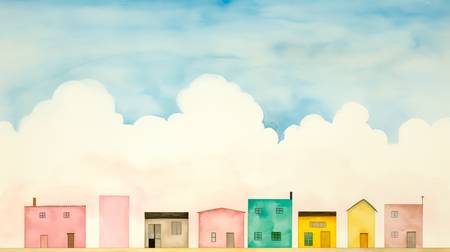 Aquarelle mit bunten Häusern und Wolkenlandschaften, minimalistisch. Digital AI Art. 2023