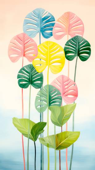 Aquarelle mit bunten Philodendron Blättern, minimalistisch. Digital AI Art. 2023