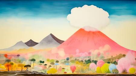 Aquarelle mit bunten Vulkan und Wolkenlandschaften, minimalistisch. Digital AI Art. 2023