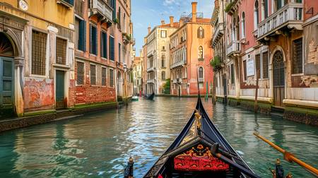 Blick aus einer Gondel auf ein Kanal und bunten Häuser in Venedig  2024