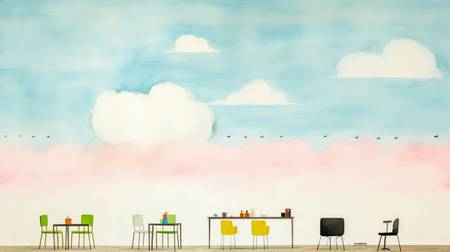 Bunte Aquarelle mit Cafe, Stuhl, Tisch und Wolken. Minimalistisch, Digital AI 2023