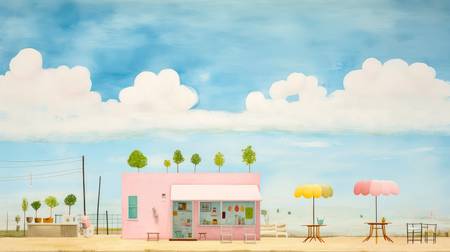 Bunte Aquarelle mit einem Cafe Haus am Strand mit Sonnenschirmen und Wolken. Digital AI 2023