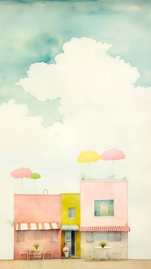Bunte Aquarelle mit einem Cafe Haus mit Dachterrasse und Sonnenschirmen. Minimalistisch, Digital 2023