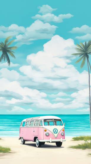 Bunte Aquarelle mit einem VW Bus unter Palmen. Strand, Wolken und Freiheit  2023