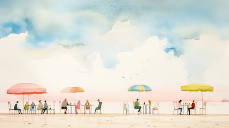 Bunte Aquarelle mit Menschen unter Sonnenschirmen in einem Restaurant am Strand. 2023