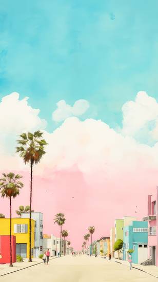 Bunte Aquarelle mit Palmen und Strasse in Venice Beach, Kalifornien, USA 2023