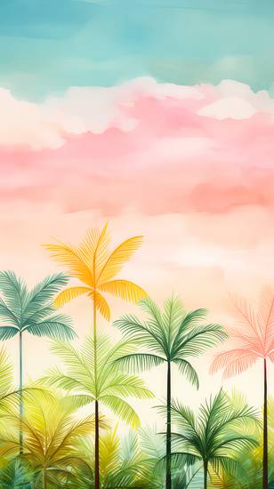 Bunte Aquarelle mit tropischer Landschaft, Palmen und Wolken. 2023