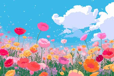 Bunte Blumen auf einer Sommerwiese. Blauer Himmel mit weisen Wolken. Bunt 2023