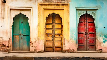 Bunte Türen in Indien. Alte Architektur in der Altstadt von Indien 2023