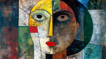Das Gemälde präsentiert ein abstraktes Porträt einer Frau, das den Stil des Kubismus mit großen Auge 2024