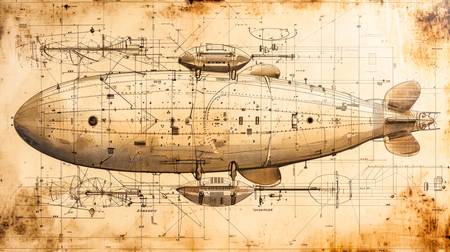 Ein in Sepia gehaltener Zeppelin, präsentiert in Form einer technischen Zeichnung aus der Renaissanc 2024